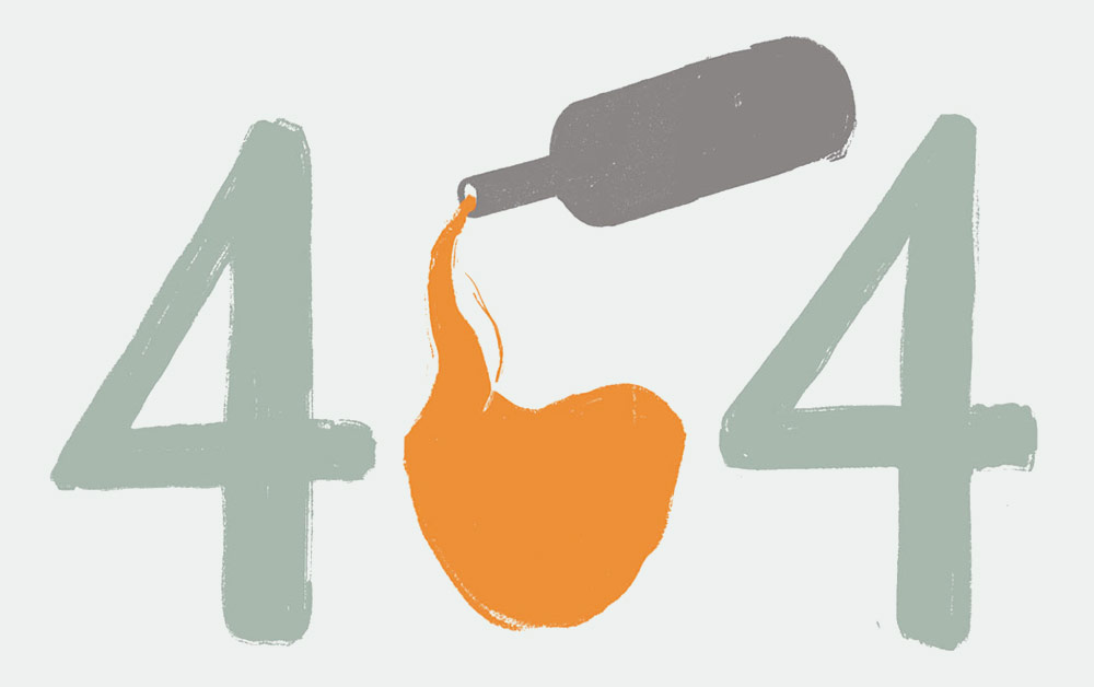 Illustration der Zahl 404 – die 0 wird von einer Flasche mit Wein gefüllt