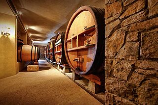 Weinkeller und Weinfässer des Weinguts Chateau Pibarnon
