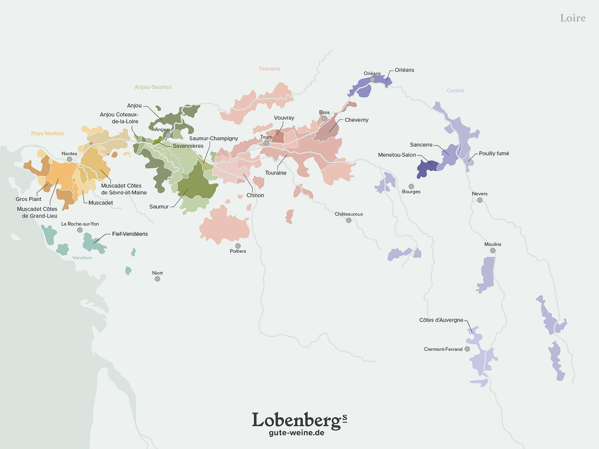 Landkarte mit Weinregionen an der Loire