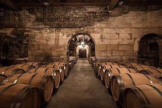 Weinkeller mit Weinfaessern der Domaine de L’Eglise