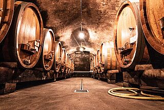 Vinkælder med vintønder fra vingården Wagner Stempel