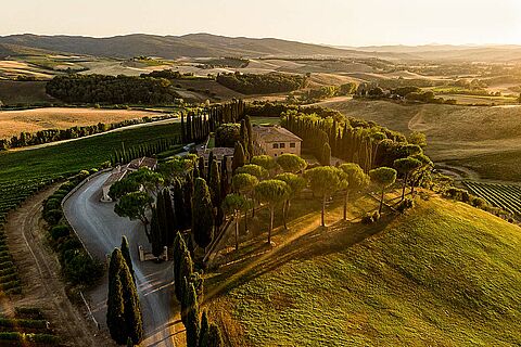 Weingut und Weinfelder Altesino aus der Vogelperspektive