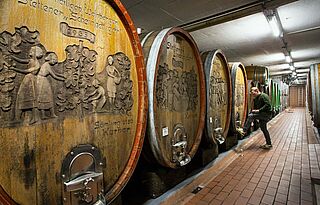 Holzfässer im Keller von Karl Haidle mit seinem Sohn Moritz