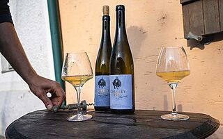 Weinauswahl des Weinguts Charly Rol auf einem Tisch mit Gläsern