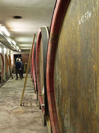 Weinfässer in einem Weinkeller