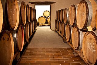Domaine Louis Bovard Weinkeller mit Holzfässern