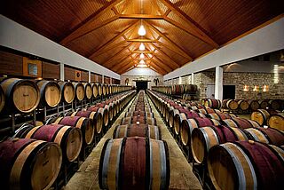 Rækker af stablede tønder i kælderen