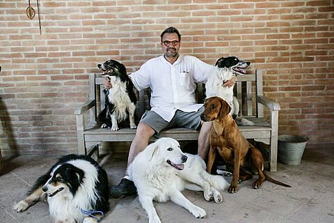 Oliviero Toscani sitzt mit seinen Hunden auf einer Bank
