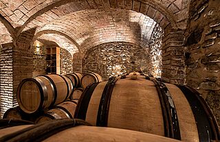 Weinkeller mit Weinfaessern in Spanien Weinkeller mit Weinfaessern in Spanien