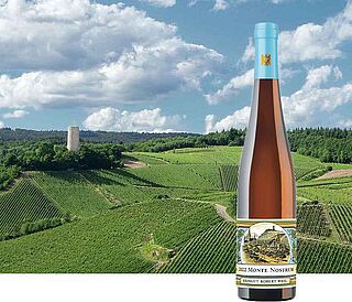 Wein präsentiert vor einer Landschaft