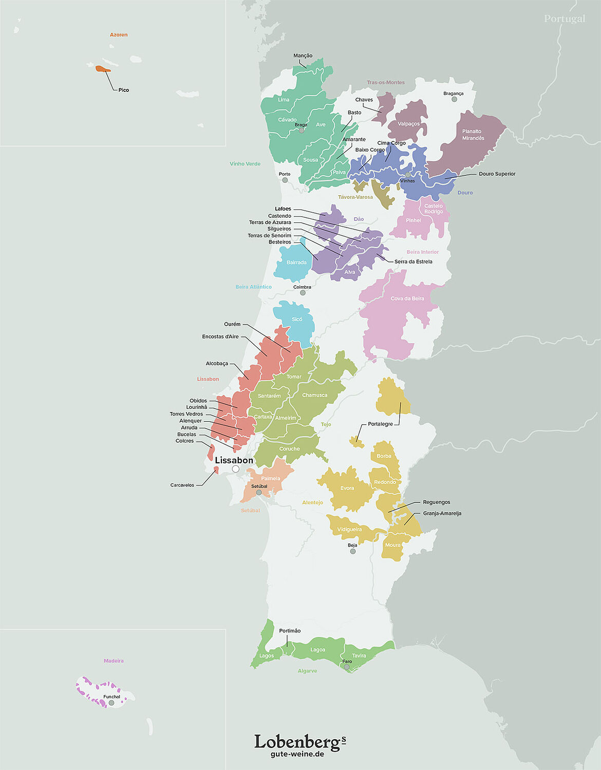 Landkarte mit Weinregionen in Portugal