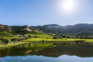 Blick auf das Weingut hinter einem See