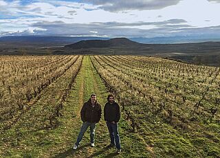 Winzer von Artuke auf dem Weinfeld bei blauem Himmel