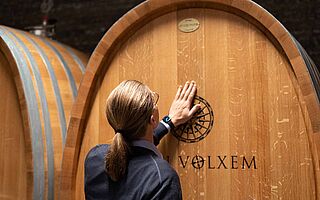 Weinfass und Mann von hinten im Weinkeller