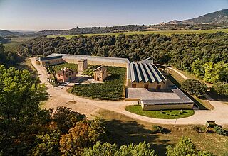 Weingut und Weinfeld Arinzano bei blauem Himmel
