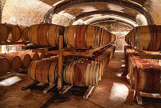 Weinkeller von Felsina mit Weinfässern