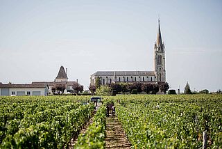 Burg der Domaine de L’Eglise vor einem Weinfeld