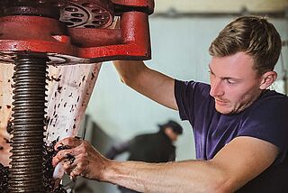 Maische Verarbeitung im Weinkeller Christophe Mignon