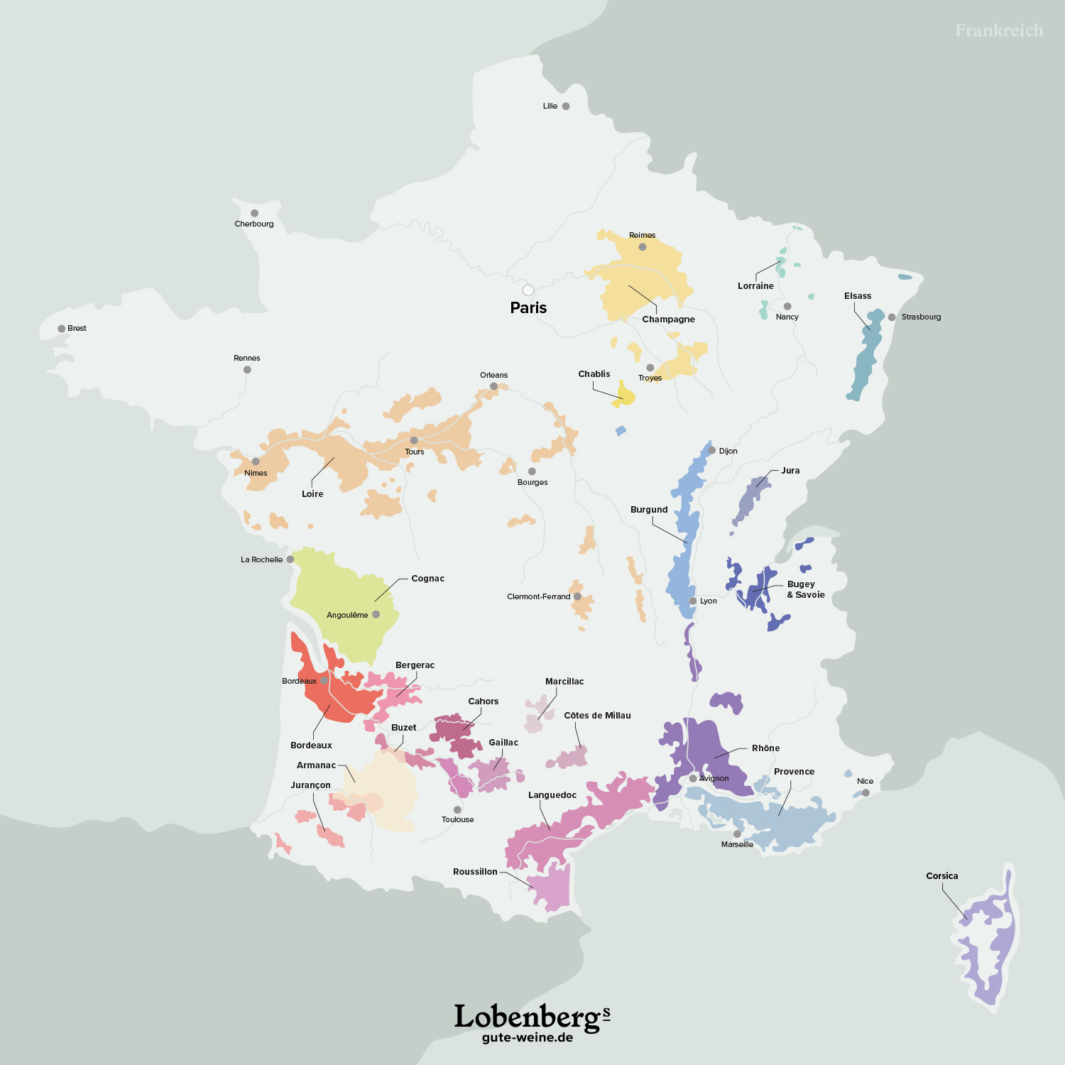 Landkarte mit Weinregionen in Frankreich
