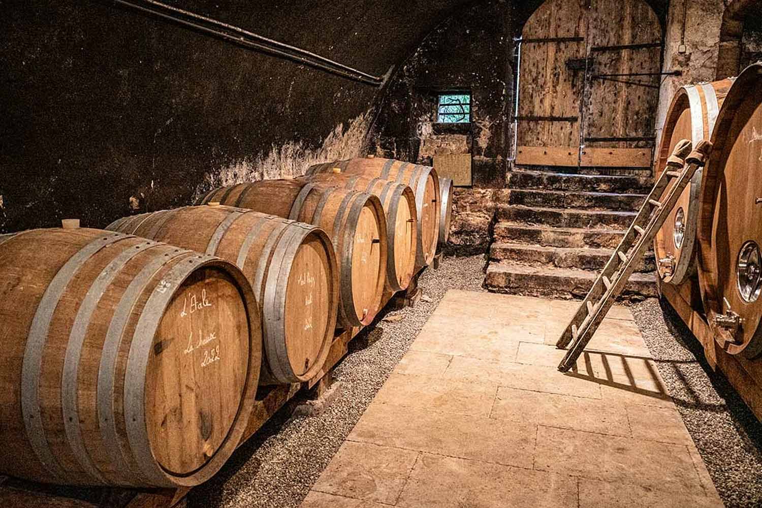 Weinkeller und Weinfässer des Weinguts Montbourgeau