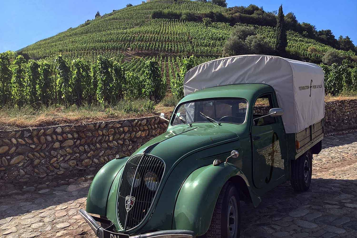 Weinfeld Ferraton Père et Fils mit Auto im Vordergrund