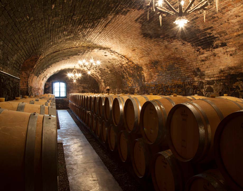 Weinkeller mit Fässern bei Antinori – Castello della Sala