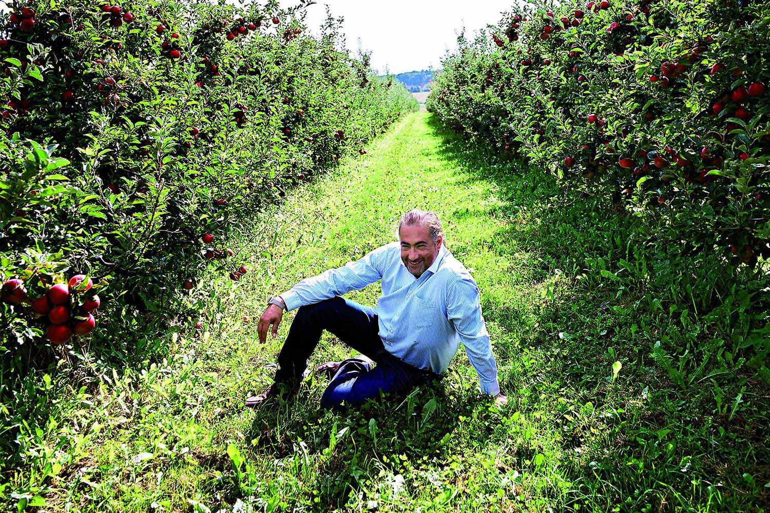Hans Reisetbauer auf dem Feld, neben Apfelbäumen